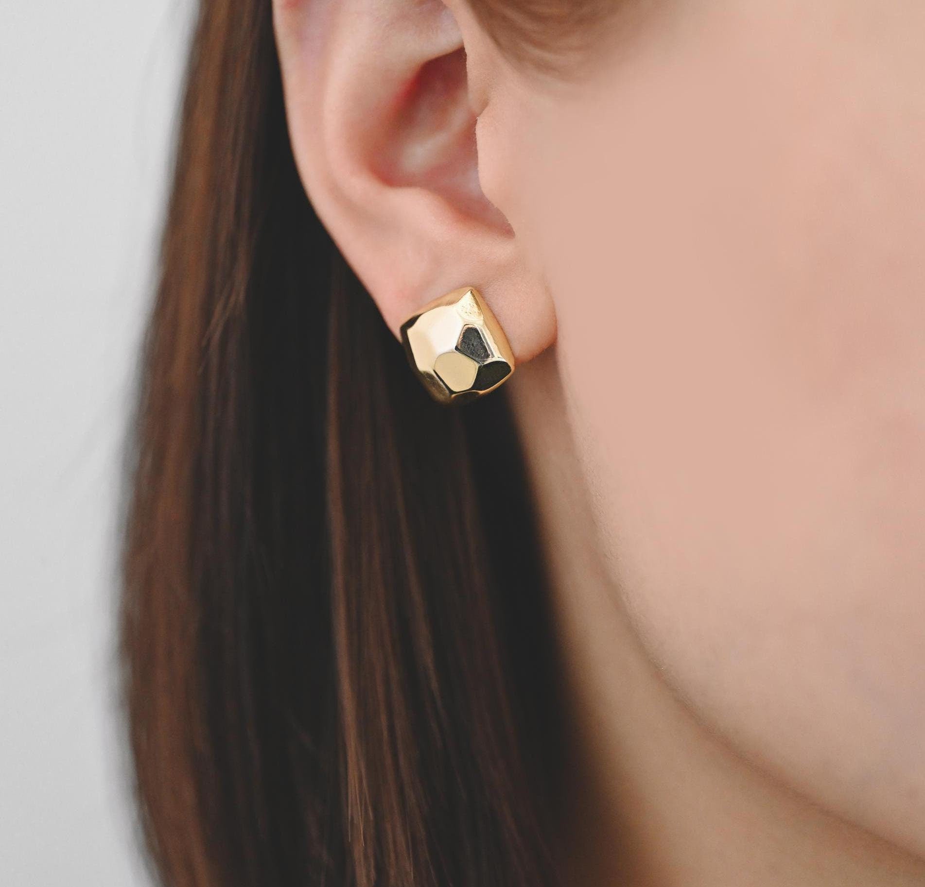10pcs Gold Faceted Square Earring With Loop, Real Gold Plated Brass Geometric Earring Studs (GB-2967)